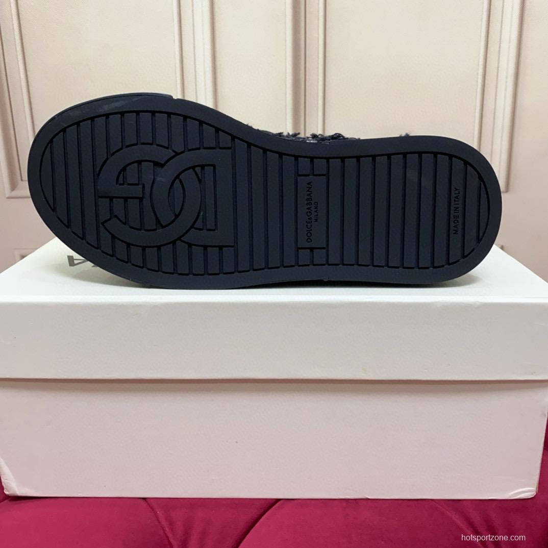 2024 Unisex Dolce & Gabbana Black White Wool Leather Sneakers MJ00340