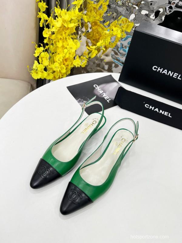2025 Women Chanel Green Black Leather Slingback Flats