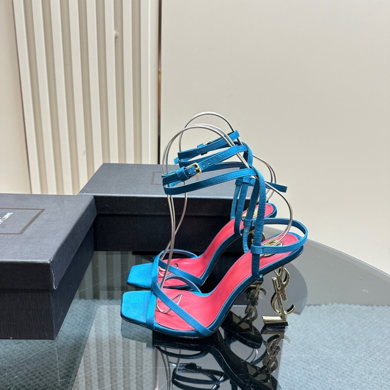 2025 Women Yves Saint Laurent Blue Silk High Heel Sandals KFY00290