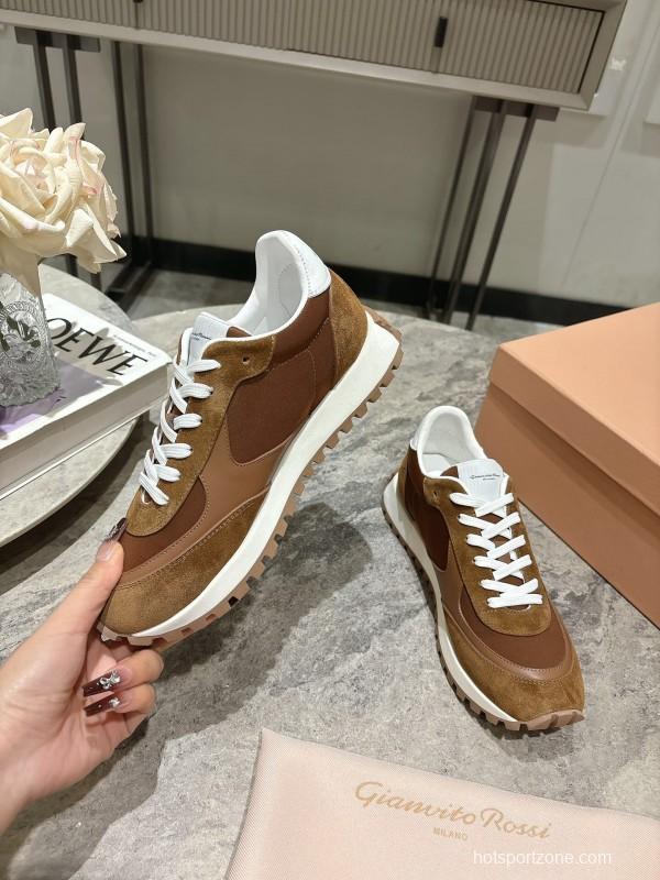 2025 Unisex Gianvito Rossi Brown White Leather Suede Mesh Sneakers KFY00340