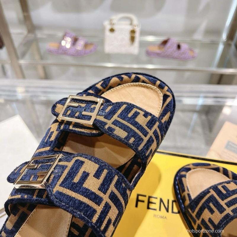 2025 Slippers Fendi Blue Brown Jacquard FF Pattern MJ00230