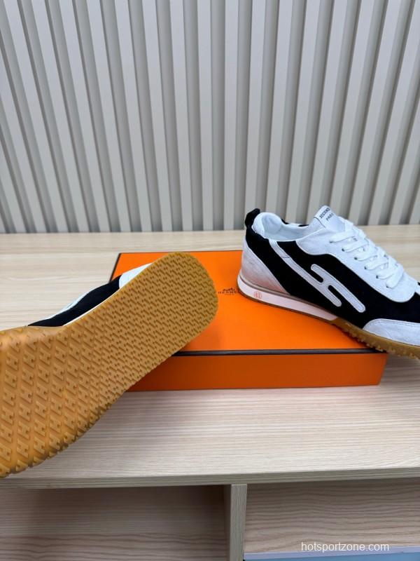 2025 Unisex Hermès White Black Suede Goat Leather Sneakers Top Version LY00310