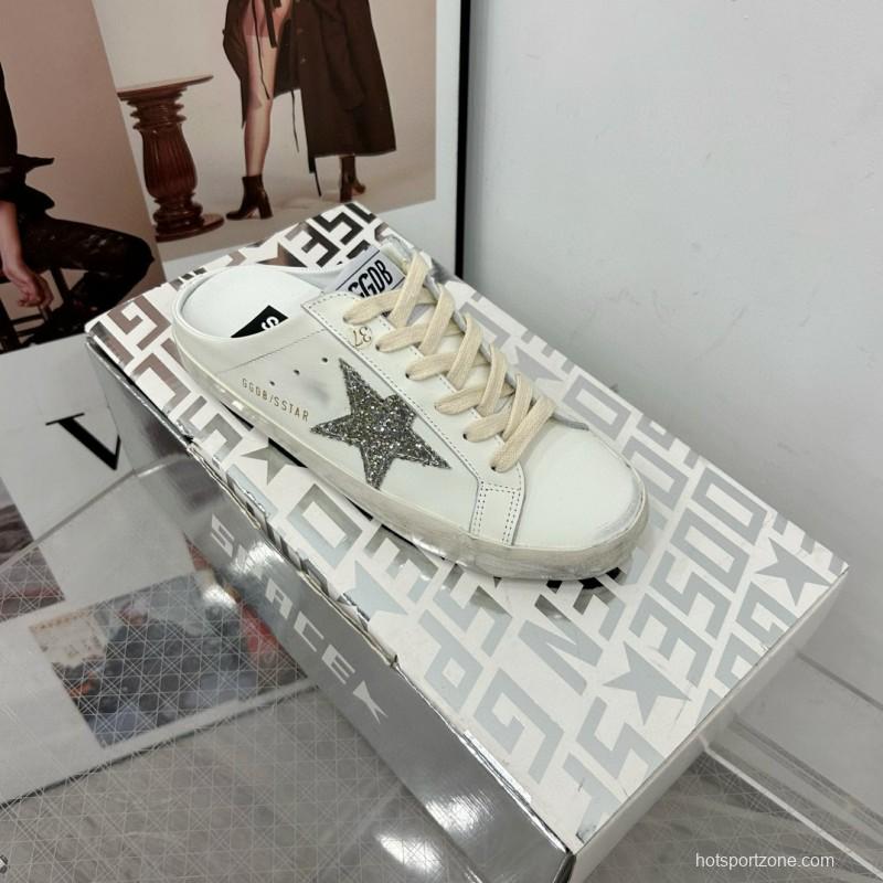 2025 Women GGDB White Silver Leather Suede Star Mules