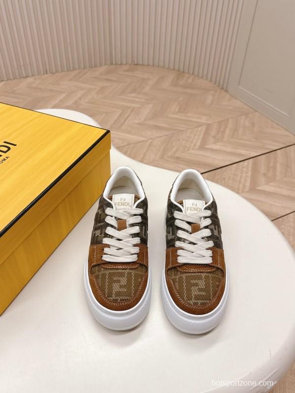 2025 Women Fendi Brown Leather Canvas Sneakers