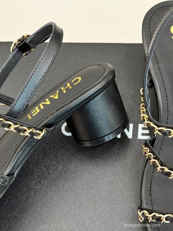 2025 Women Chanel Black Leather Sandals Chain KFY00270