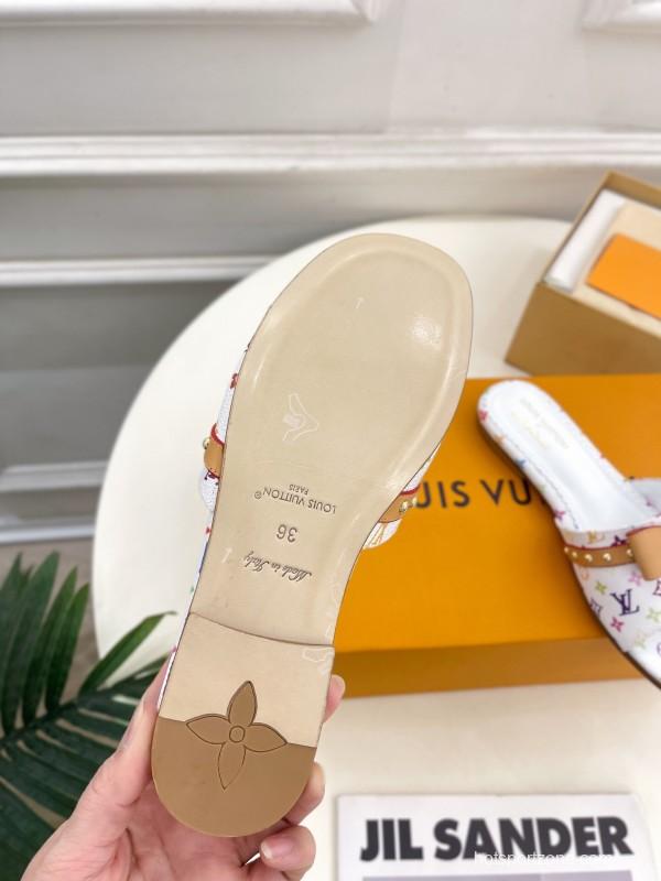 2025 Women Louis Vuitton White Multicolor Leather Slippers KFY00290