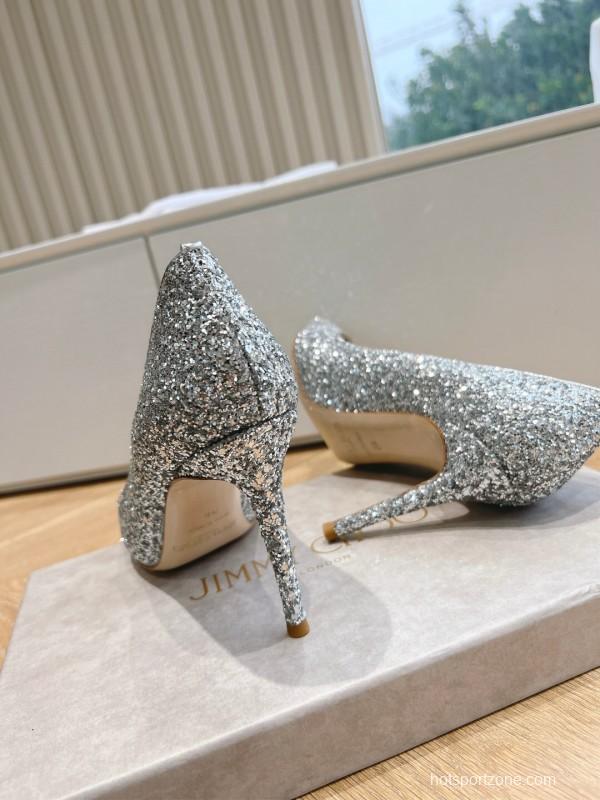 2025 Women Jimmy Choo Silver Glitter Leather Pointed Toe Pumps