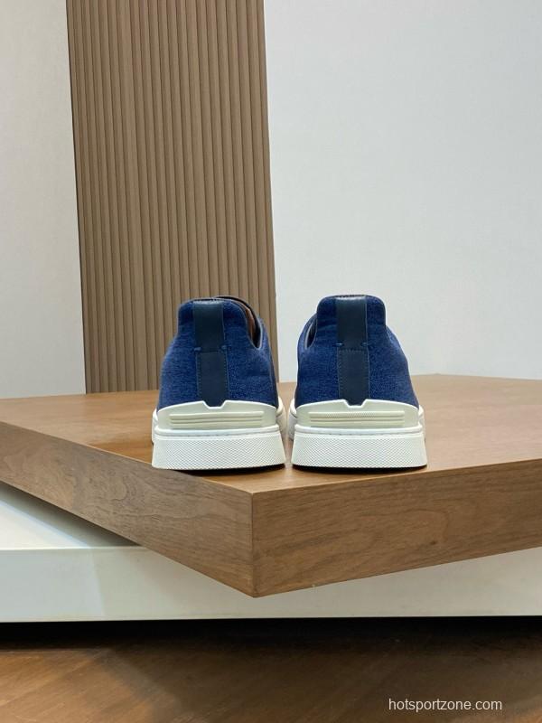 2024 Men Ermenegildo Zegna Blue Calfskin Pelletessuta Sneakers MJ00280