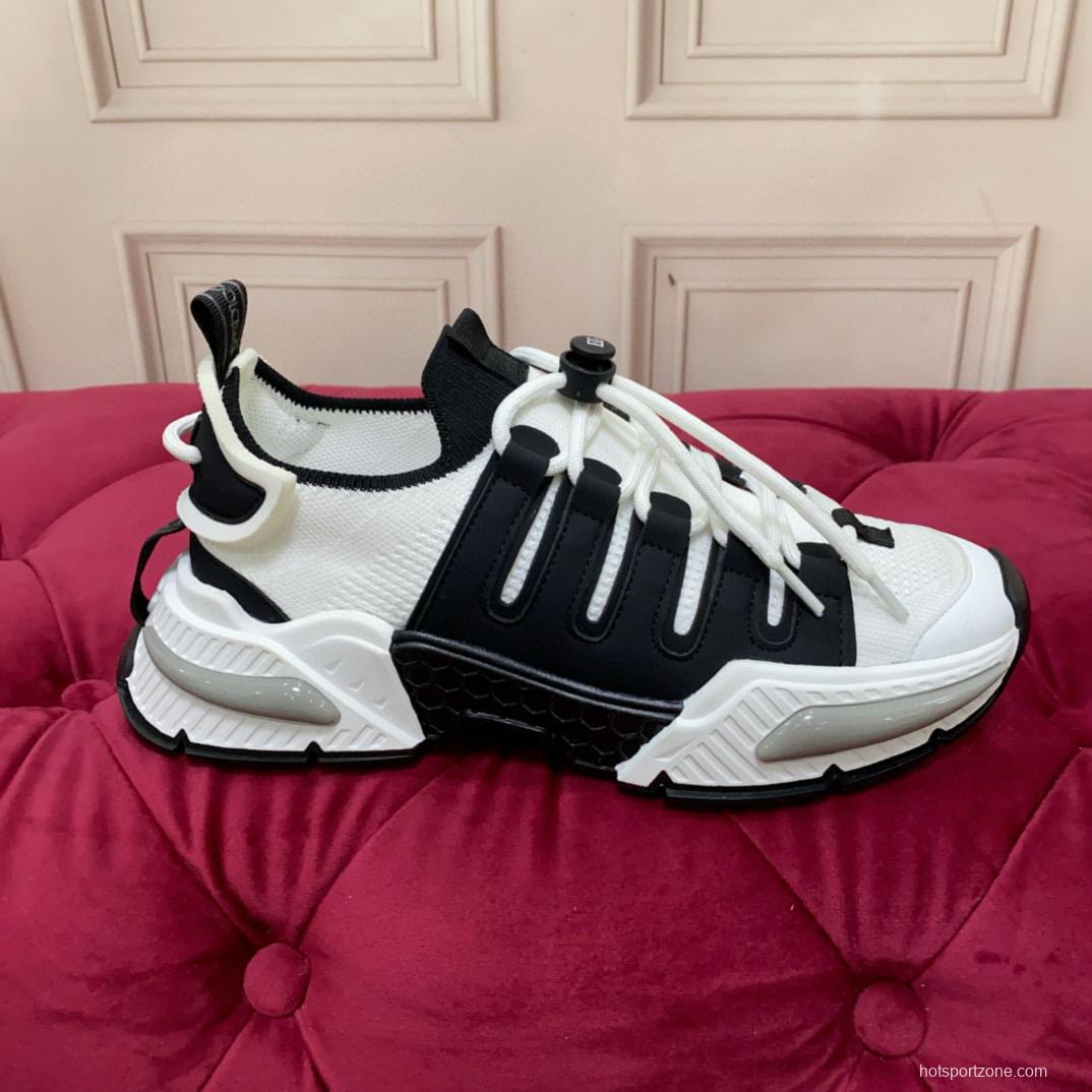 2024 Unisex Dolce & Gabbana Black White Knit Leather Sneakers MJ00340
