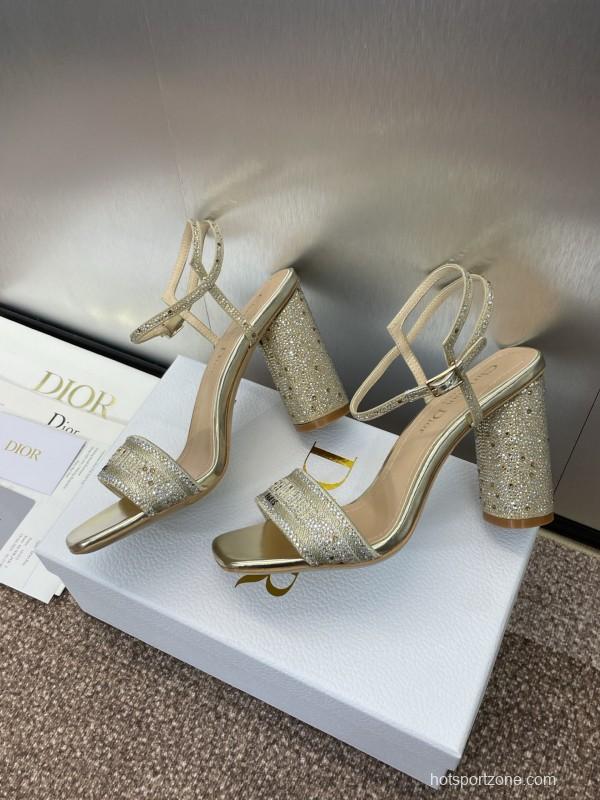 2025 Women Dior Gold Crystal Embellished Leather Sandals KFY00320