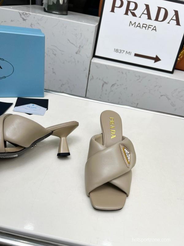 2025 Women Prada Beige Leather High Heel Sandals