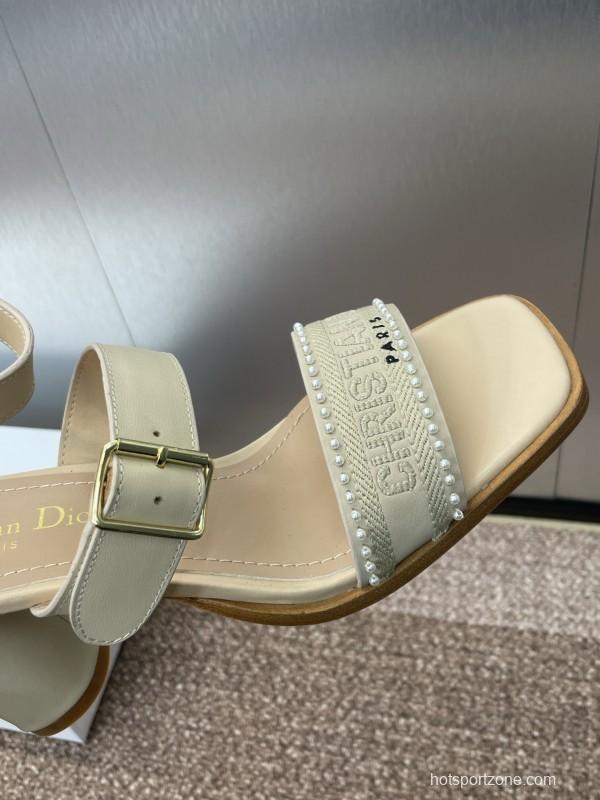 2025 Women Dior Beige Leather Sandals Ankle Strap KFY00320