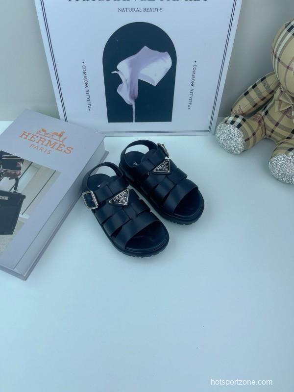 2025 Kids PRADA Black White Leather Sandals