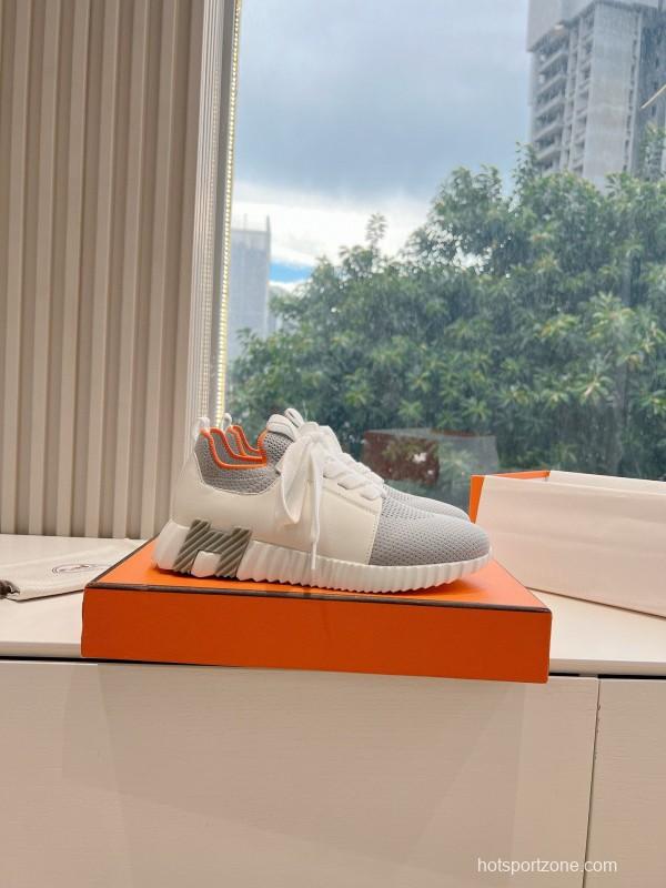 2024 Unisex Hermès Gray White Orange Calf Leather Suede Knit Sneakers MJ00290