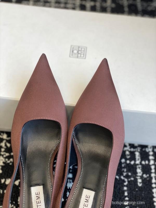 2025 Women Toteme Brown Satin Slingback Pointed Toe Heels