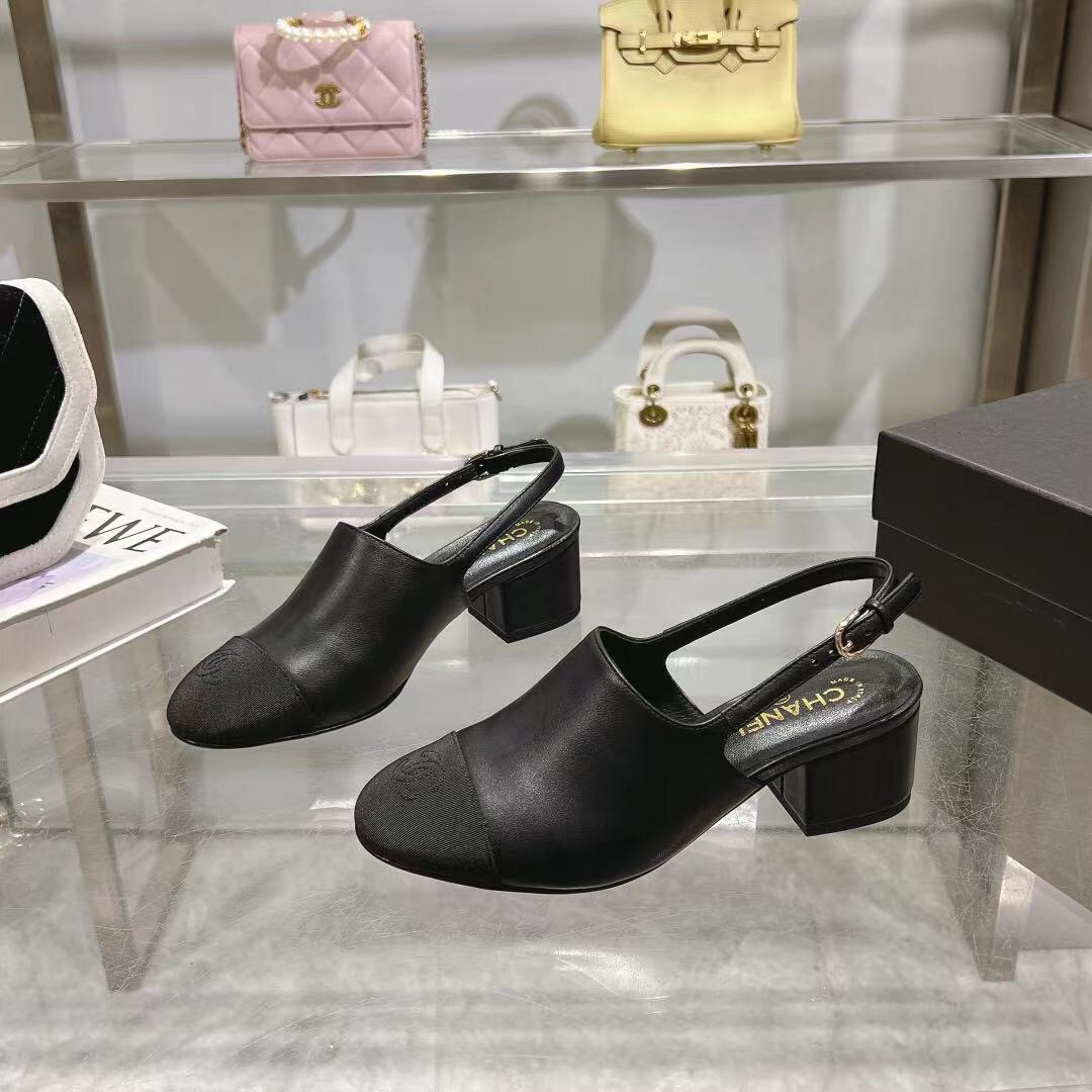 2025 Women Chanel Black Leather Slingback Heels LY00300