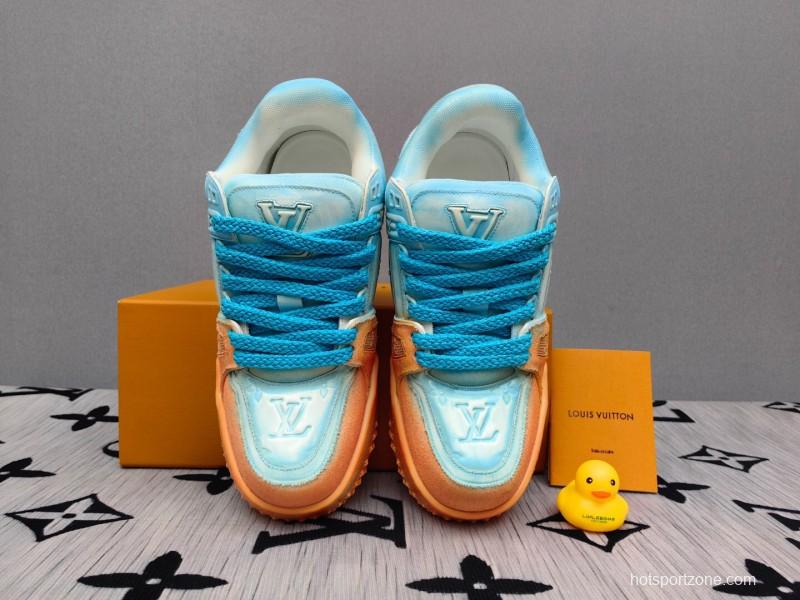 2025 Unisex Louis Vuitton Blue Orange Denim TPU Plimsolls Complex Wash KFY00510