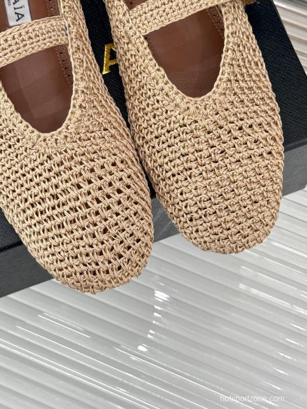 2025 Women AlAIA Beige Woven Leather Mary Jane Shoes