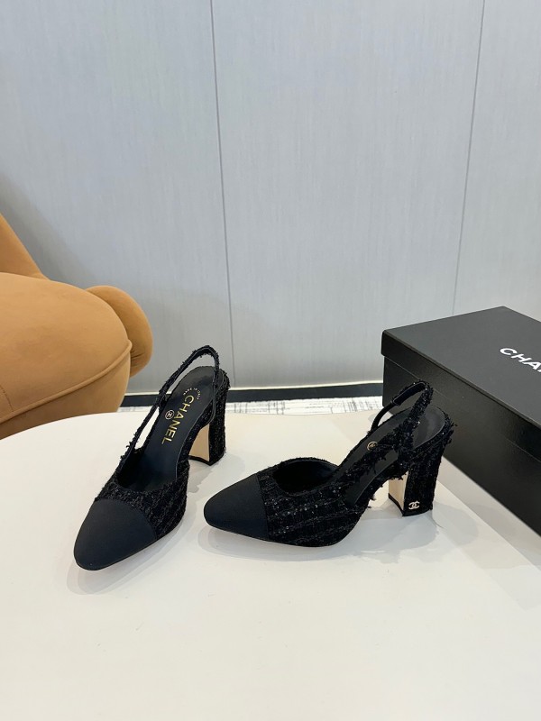 2025 Women Chanel Black Fabric Leather Slingback Heels