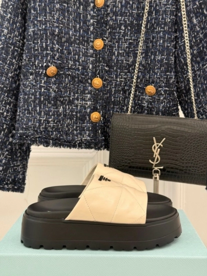 2025 Women Prada Beige Leather Platform Sandals