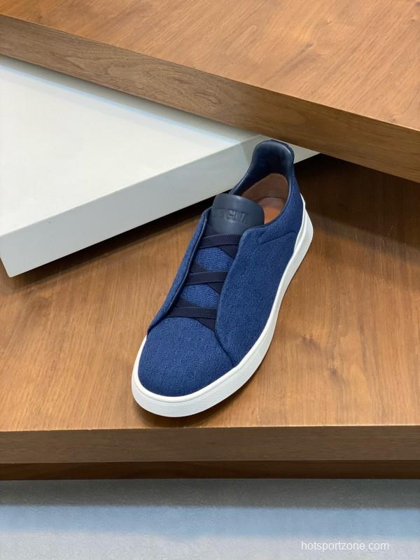 2024 Men Ermenegildo Zegna Blue Calfskin Pelletessuta Sneakers MJ00280