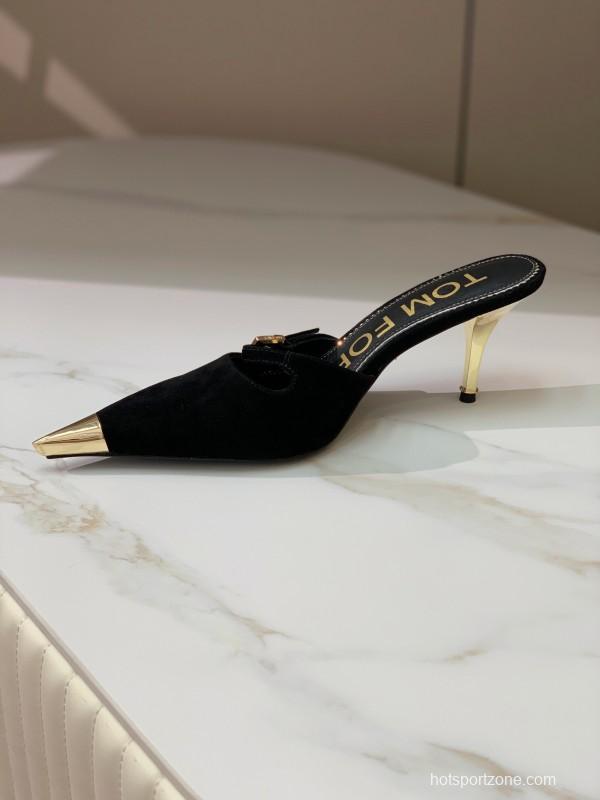 2025 Women TOM FORD Black Suede Leather Pointed Toe Metal Tip Mules