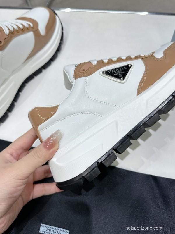 2025 Women Prada White Brown Leather Sneakers