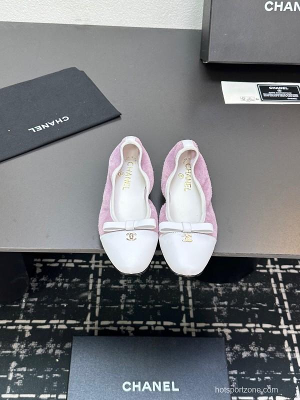 2025 Women CHANEL White Purple Leather Bow Ballet Flats Unisex LY00360(F)