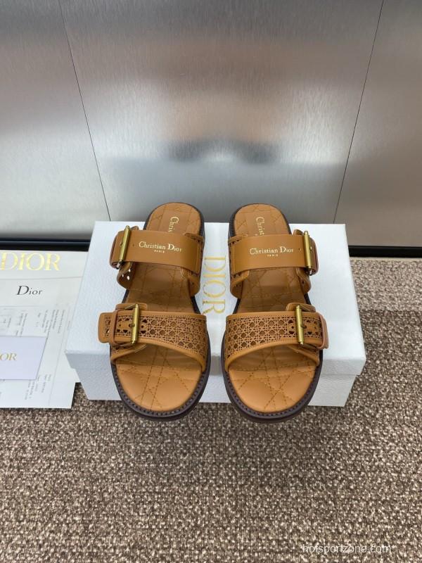 2025 Women Dior Brown Leather Slip-on Sandals