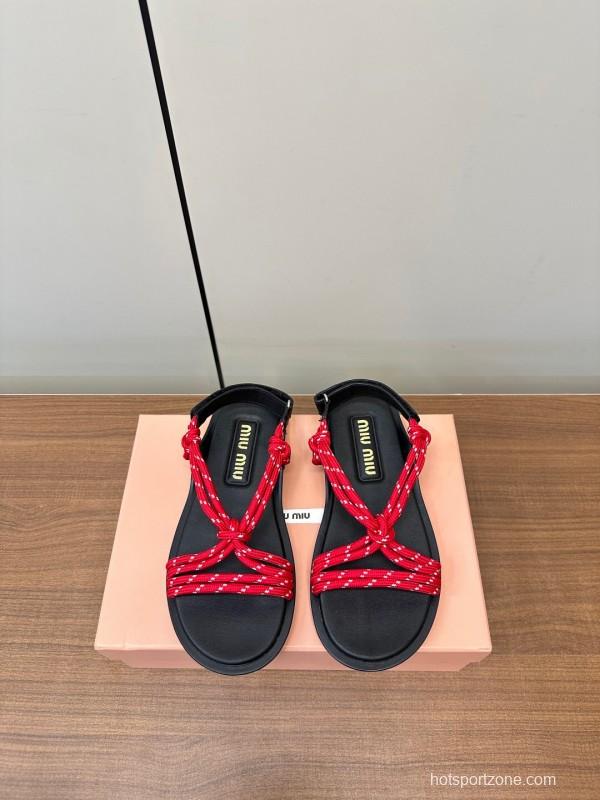 2025 Women Miu Miu Red Rope Leather Sandals LY