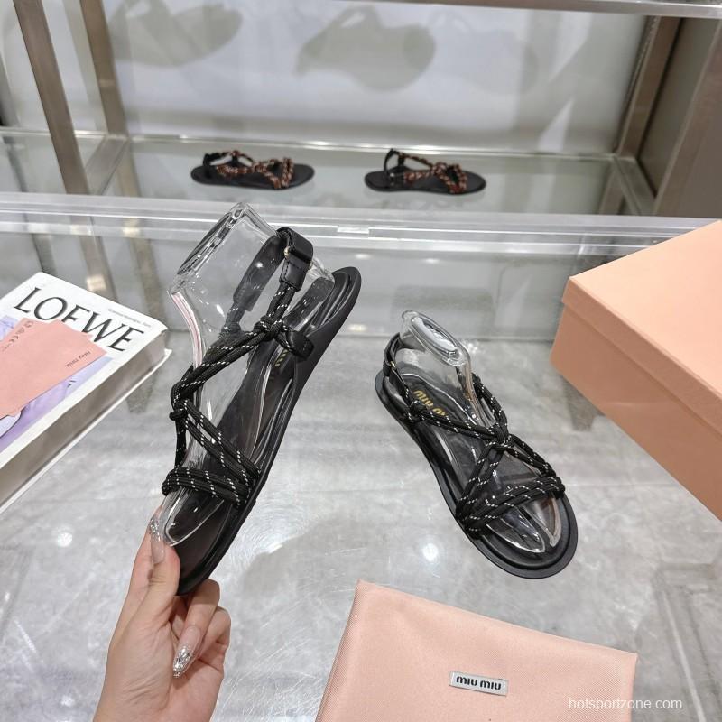 2025 Women Miu Miu Black Leather Rope Sandals