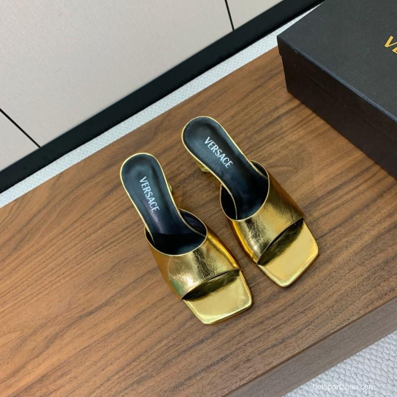2025 Women VERSACE Gold Leather Heeled Sandals