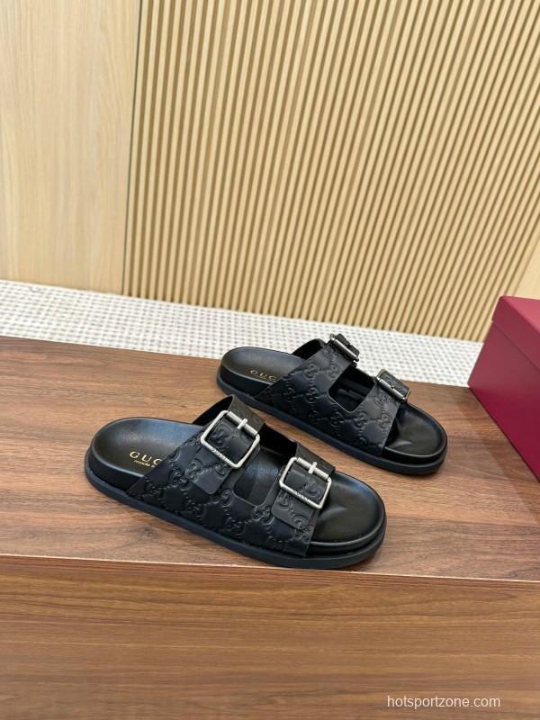 2025 Women Gucci Black Leather Sandals Buckle LY00230