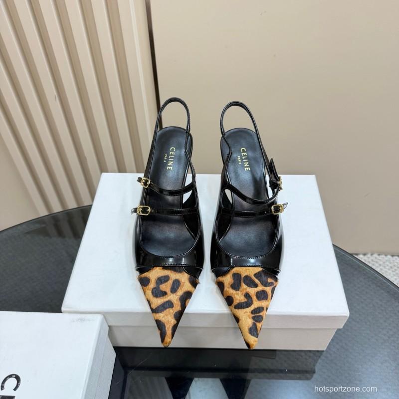2025 Women Celine Leopard Black Patent Leather Slingback Heels