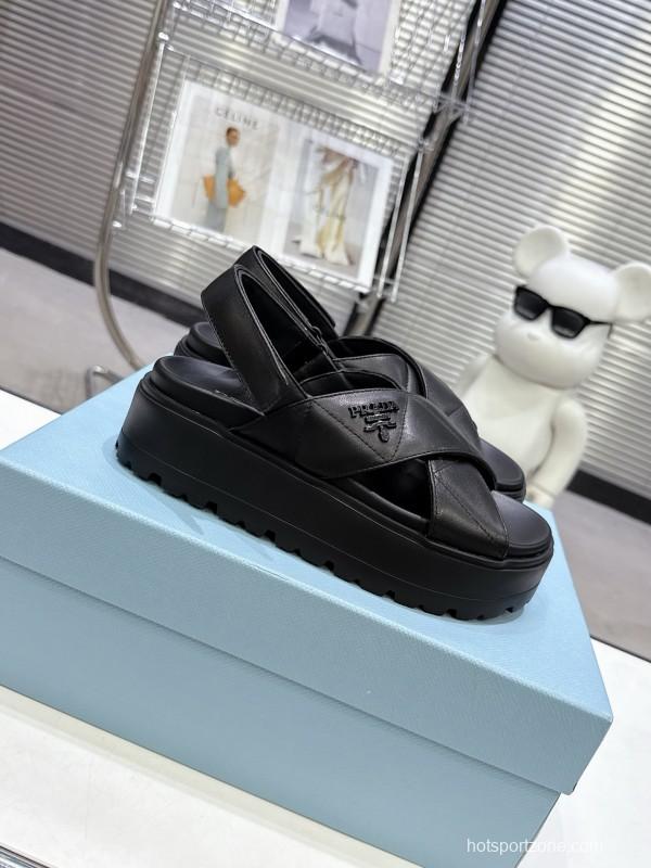 2025 Women Prada Black Leather Sandals