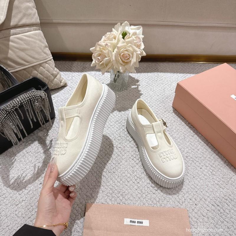 2025 Women Miu Miu White Canvas Platform Mary Jane LY00270