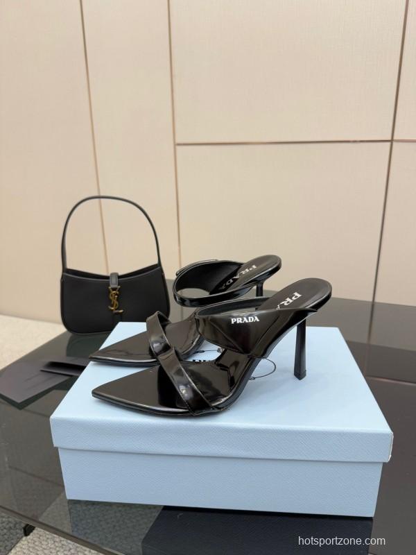 2025 Women Prada Black Leather Sandals