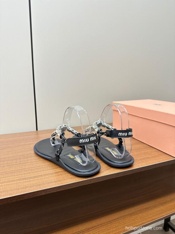 2025 Women Miu Miu Black Leather Rhinestone Sandals LY