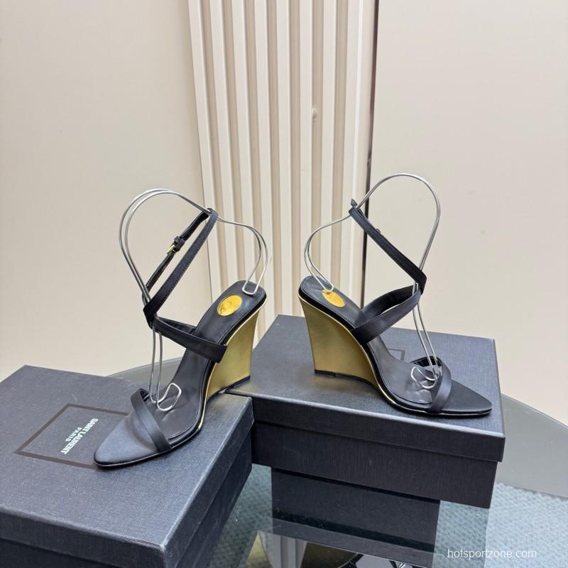 2025 Women Yves Saint Laurent Black And Gold Wedge Sandals Premium Leather Elegant Design LY00360(F)