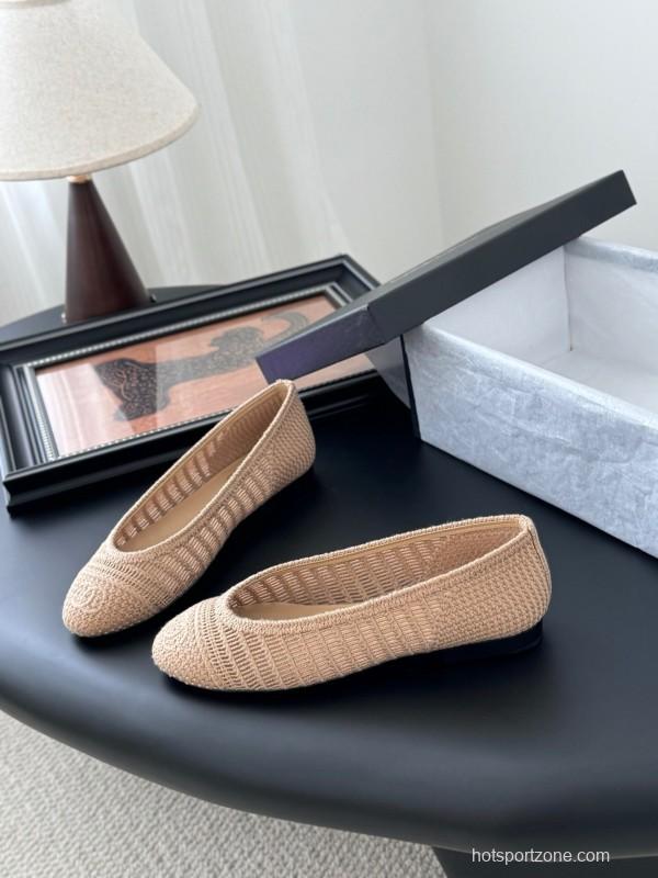 2025 Women Chanel Beige Knit Ballet Flats LY00280