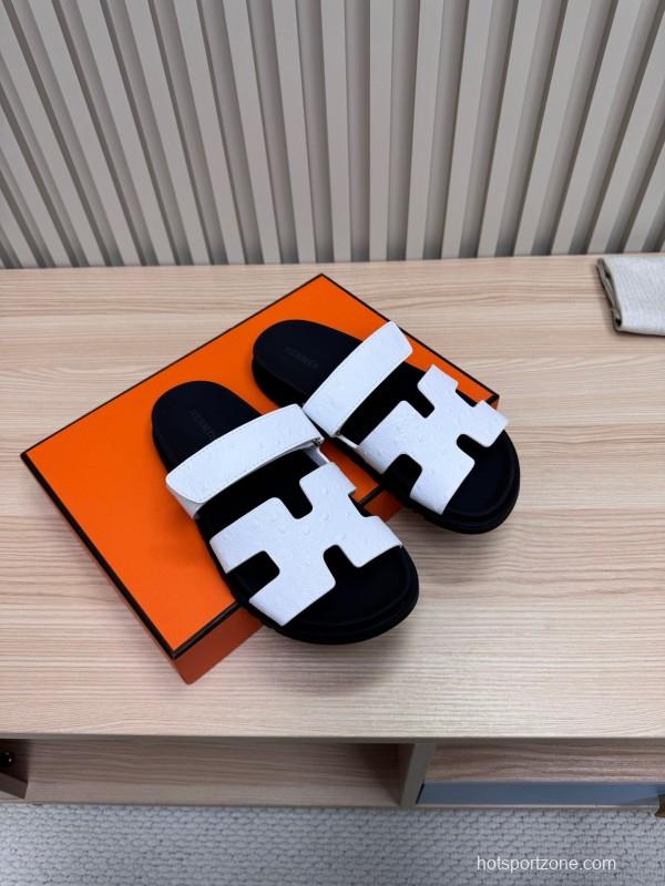 2025 Slippers Hermès Black White Leather Slippers