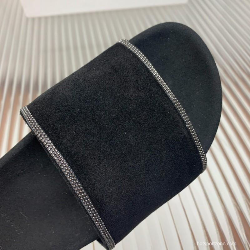 2025 Women BRUNELLO CUCINELLI Black Imported Suede Flat Sandals Handcrafted Beaded Chain Decoration KFY00240(F)