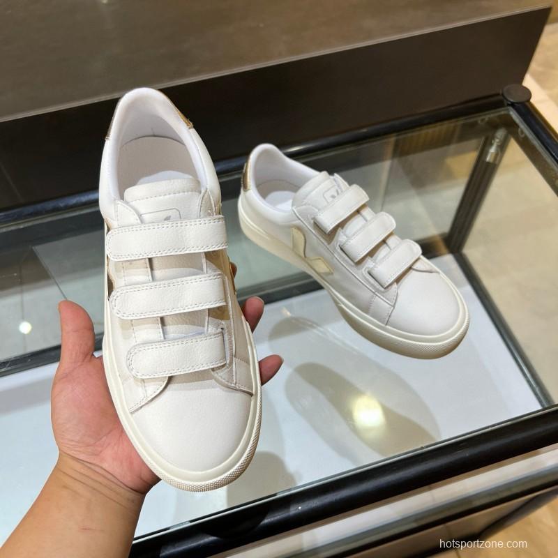 2025 Women VEJA White Gold Leather Strap Sneakers