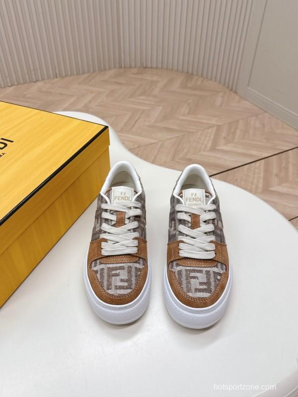 2025 Women Fendi Brown Beige Leather Mesh Sneakers LY00340