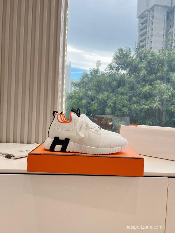 2024 Unisex Hermès White Black Orange Calf Suede Sneakers MJ00290