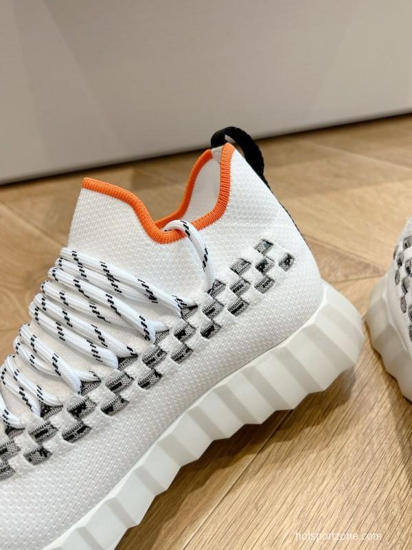 2024 Unisex Hermès White Black Orange Knit Sneakers