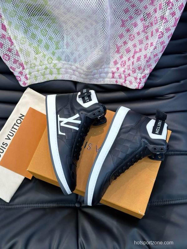 2024 Men Louis Vuitton Black White Leather High-Top Sneakers MJ00420
