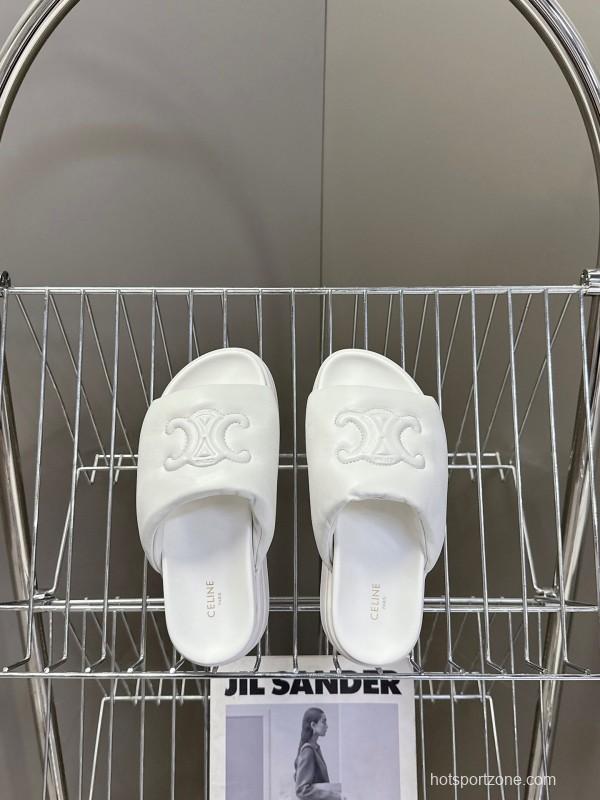 2025 Women Celine White Leather Slippers LY00240