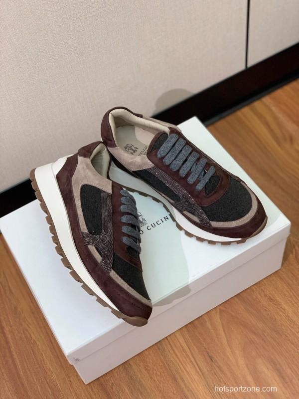 2025 Unisex Brunello Cucinelli Brown Beige Black Suede Leather Sneakers LY