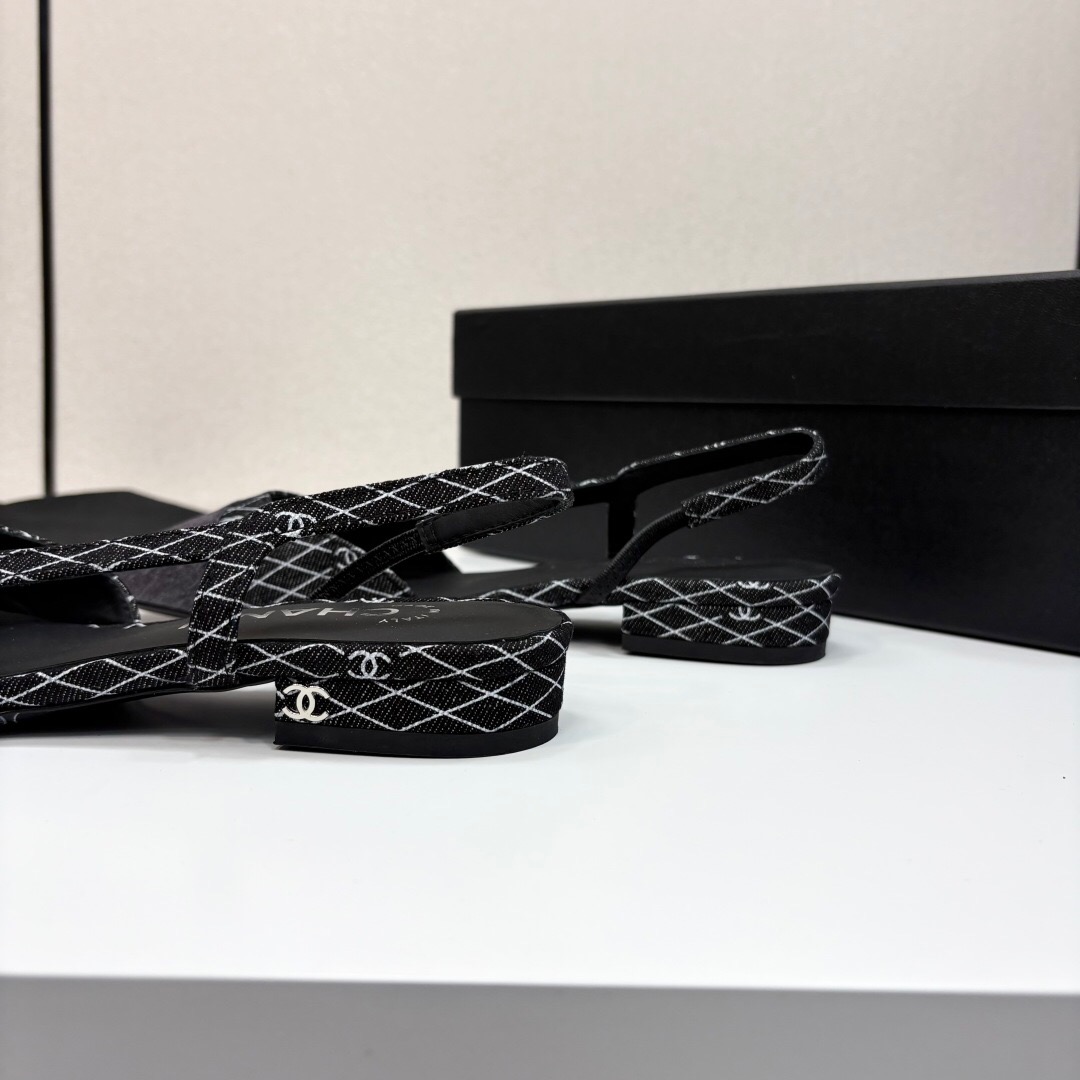 2025 Women Chanel Black White Fabric Leather Slingback LY00240